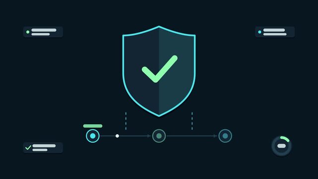 Seamless 4K looping animation explaining zero trust verification, with the diagram checking every hop. Flat vector shapes, glowing teal and turquoise connector lines and dark UI cards with blank text 