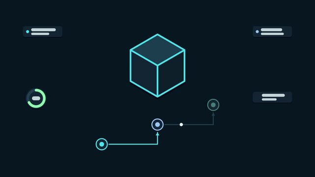 Seamless 4K looping animation explaining app store review, with the diagram passing stages. Flat vector shapes, glowing blue and azure connector lines and dark UI cards with blank text placeholders si