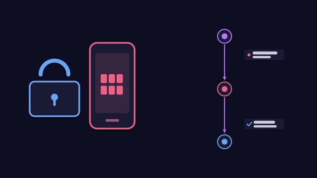 Seamless 4K looping animation explaining two step login code, with the diagram confirming. Flat vector shapes, glowing purple and violet connector lines and dark UI cards with blank text placeholders 