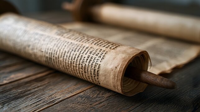An ancient Torah scroll rests on a weathered wooden surface  its parchment pages inscribed with Hebrew text