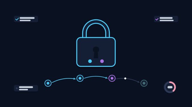 Animated multi factor challenge concept in a modern dark mode style, confirming twice in a smooth 4K seamless loop. Neon blue and azure accents, flowing dots and placeholder interface cards on a dark 