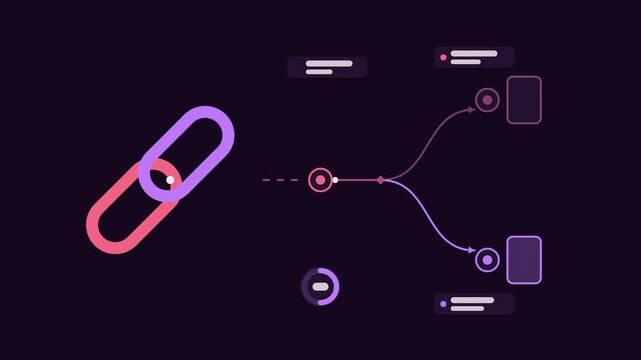 Animated deep link routing concept in a modern dark mode style, opening screens in a smooth 4K seamless loop. Neon purple and violet accents, flowing dots and placeholder interface cards on a dark bac