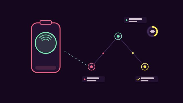 Animated passwordless login concept in a modern dark mode style, verifying hardware token in a smooth 4K seamless loop. Neon purple and violet accents, flowing dots and placeholder interface cards on 