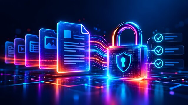 Digital document folder concept with glowing colorful data streams connecting to padlock and checkmarks representing secure file transfer