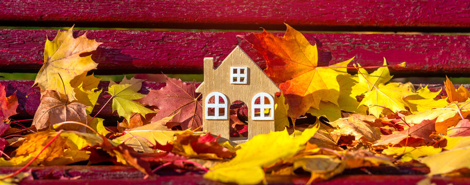 The symbol of the house stands among the fallen autumn leaves
