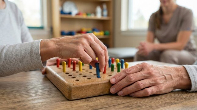 hand dexterity therapy activity closeup Elderly person playing peg solitaire game on wooden table with a caregiver nearby.