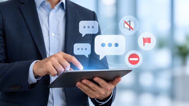 Businessman using tablet with holographic chat and moderation icons representing digital communication management