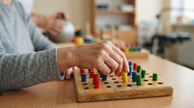 hand dexterity therapy activity closeup Elderly person playing a wooden peg board game with colorful pegs.