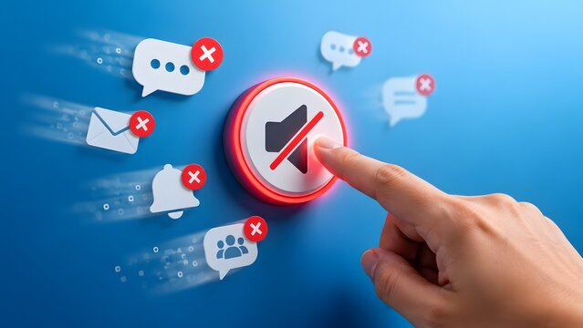 Hand pressing glowing mute button blocking floating message and notification icons representing spam control