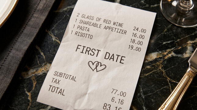 Close-Up of Printed Restaurant Receipt with First Date Text and Hearts on Marble Table