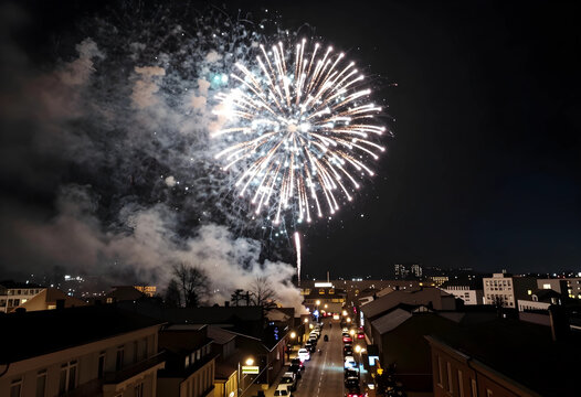 Celebration and holiday spirit, bright fireworks exploding over a quiet town street at night with urban architecture and festive atmosphere in the city