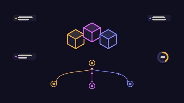 Seamless 4K looping animation explaining bundle code splitting, with the diagram chunking routes. Flat vector shapes, glowing orange and amber connector lines and dark UI cards with blank text placeho