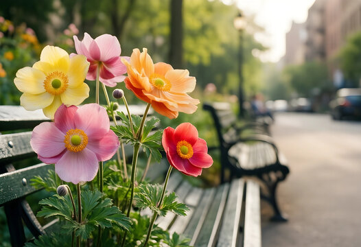 Springtime renewal and urban nature, colorful anemone flowers blooming on a park bench in a city street with soft morning sunlight and bokeh background