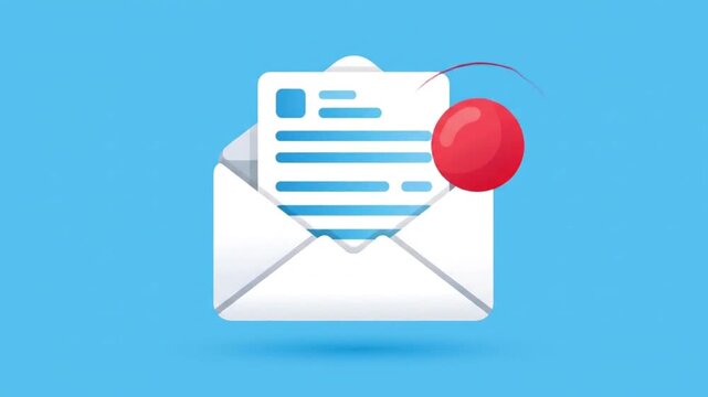 New Email Notification: An open envelope reveals a document with text and a red notification bubble, signifying an incoming message against a clean blue background.