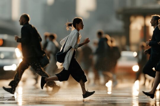 Urban rush hour energy with people running on city street, depicting modern life challenges and dynamism