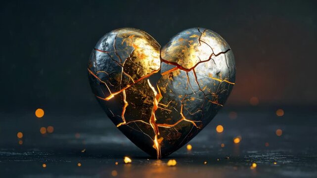 Broken Heart with Gold Kintsugi Cracks on Dark Background
