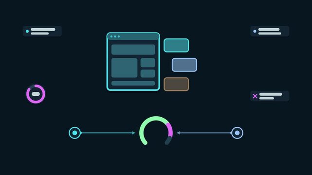 Seamless 4K looping animation explaining third party script budget, with the diagram capping page weight. Flat vector shapes, glowing teal and turquoise connector lines and dark UI cards with blank te