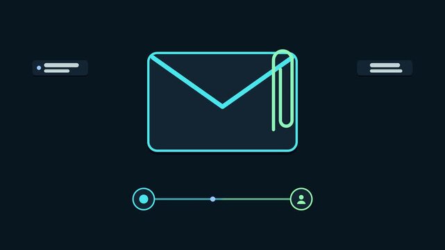 Animated email attachment send concept in a modern dark mode style, delivering files in a smooth 4K seamless loop. Neon teal and turquoise accents, flowing dots and placeholder interface cards on a da