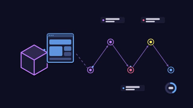 Seamless 4K looping animation explaining server side rendering, with the diagram streaming markup. Flat vector shapes, glowing blue and azure connector lines and dark UI cards with blank text placehol