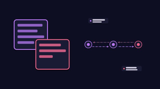 Seamless 4K looping animation explaining text translation, with the diagram converting between languages. Flat vector shapes, glowing purple and violet connector lines and dark UI cards with blank tex
