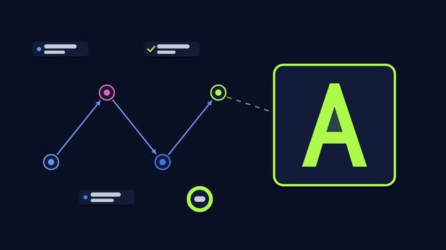 Animated font loading strategy concept in a modern dark mode style, swapping typefaces in a smooth 4K seamless loop. Neon blue and azure accents, flowing dots and placeholder interface cards on a dark