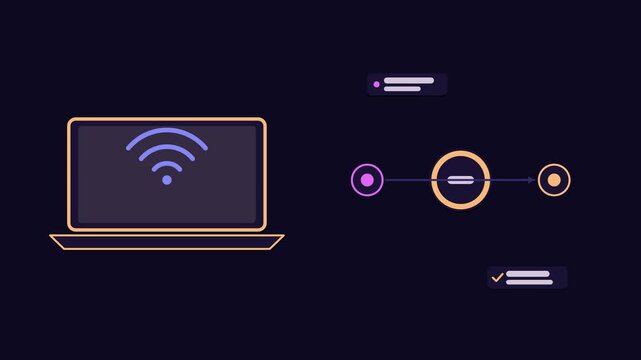 Animated remote work setup concept in a modern dark mode style, connecting laptops in a smooth 4K seamless loop. Neon purple and violet accents, flowing dots and placeholder interface cards on a dark 