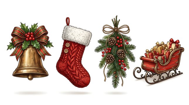 Set of classic christmas decorations including a bell, stocking, pine swag, and a giftfilled sleigh