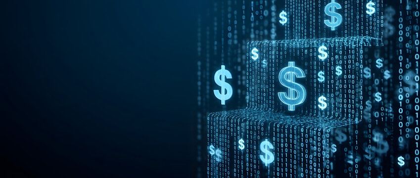 Digital banking and financial technology concept background with glowing dollar signs and binary code data stream, representing electronic money transfers and secure online ATM transactions