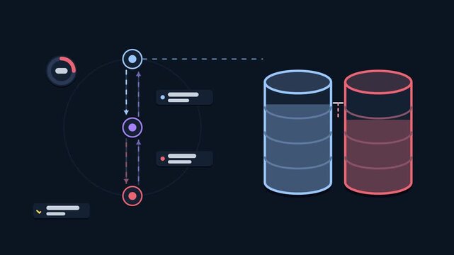 Animated replication lag catchup concept in a modern dark mode style, closing gap in a smooth 4K seamless loop. Neon blue and azure accents, flowing dots and placeholder interface cards on a dark back