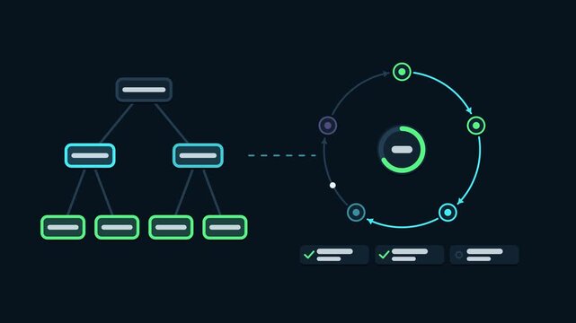 Animated index rebuild progress concept in a modern dark mode style, cycling segments in a smooth 4K seamless loop. Neon blue and azure accents, flowing dots and placeholder interface cards on a dark 