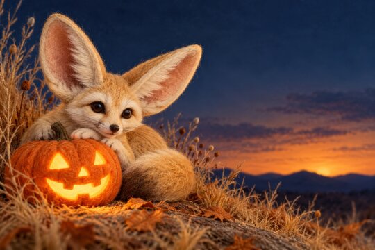 Adorable Fennec Fox with Oversized Ears Beside Glowing Jack O Lantern at Magical Halloween Sunset