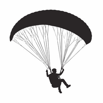 Black Silhouette of A Man Paragliding Isolated on White Background