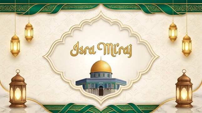 Clean and elegant Islamic horizontal background for Isra Mi'raj featuring golden calligraphic typography in a decorative frame with hanging lanterns and green accents.