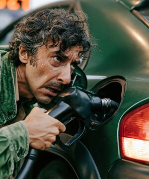 Stressed man sweating while filling car with gasoline, worried about rising fuel prices and economic crisis