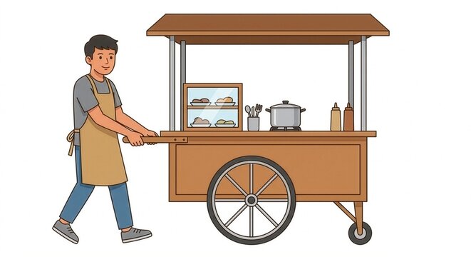 Street food vendor pushing a wooden food cart with display case, cooking pot and sauce bottles, flat cartoon illustration