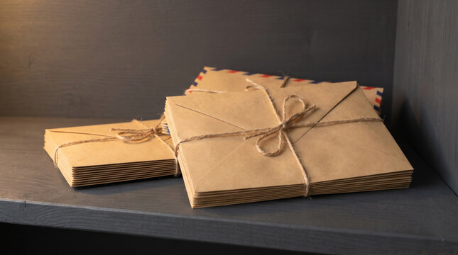 Kraft envelope stack paper package twine. Financial bankruptcy debt crisis. overdue invoice payment document statement, expense budget problem stress