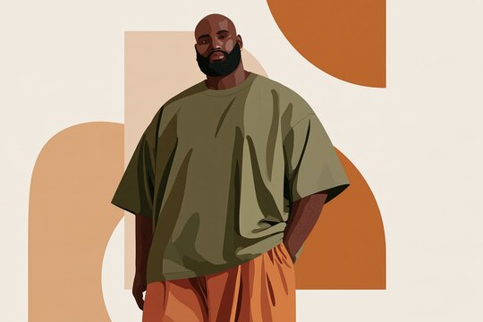 Digital illustration of a confident man with a beard standing against abstract geometric shapes