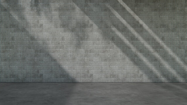 Concrete Block Wall Location with Blank Concrete Floor, Bright Sunshine and Shadow Play. Property Development Concept with copy-space.