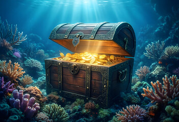 Fototapeta premium Treasure hunt and financial success, open wooden chest filled with glowing gold coins on a vibrant coral reef seabed in the deep blue ocean water