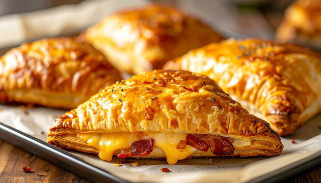 Freshly baked cheese and bacon turnovers on baking paper, golden flaky puff pastry, melted cheese and crispy bacon filling, delicious savory snack, appetizing homemade food.