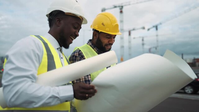 Innovative technology in building, professional builders on construction site. Sustainable construction, portrait of african american foreman and architect, teamwork on modern development project