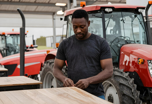 Agriculture and farming technology, young black farmer working on maintenance of modern tractor equipment in a large industrial shed at a rural farm