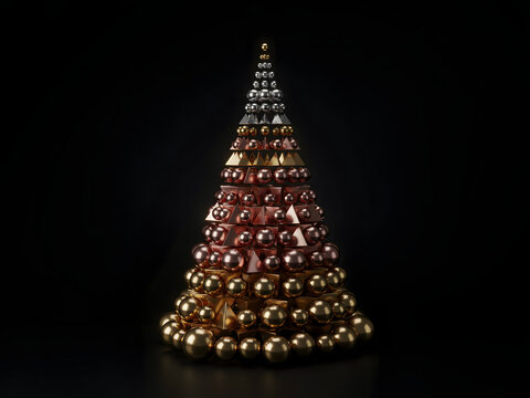 Christmas tree sculpture made of metallic spheres and cones in gold, copper, and silver colors arranged in a conical shape on a black background
