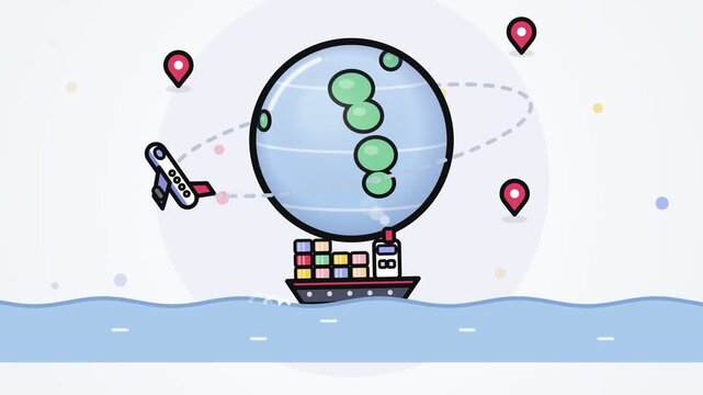 Global Logistics Animation Featuring Airplane Delivery and Cargo Ship Shipping Operations for Efficient International Trade and Business Connectivity