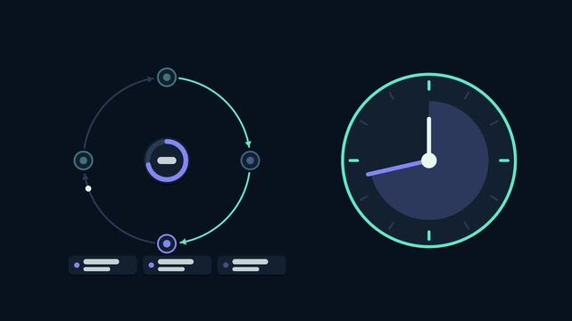 Seamless 4K looping animation explaining retention policy clock, with the diagram expiring records. Flat vector shapes, glowing blue and azure connector lines and dark UI cards with blank text placeho