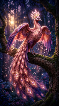 Generative AI illustration of a magical pink Zhar-ptitsa Slavic firebird with a glowing crystal crown and radiant feathers, perched on a carved tree branch in a mystical dark forest.