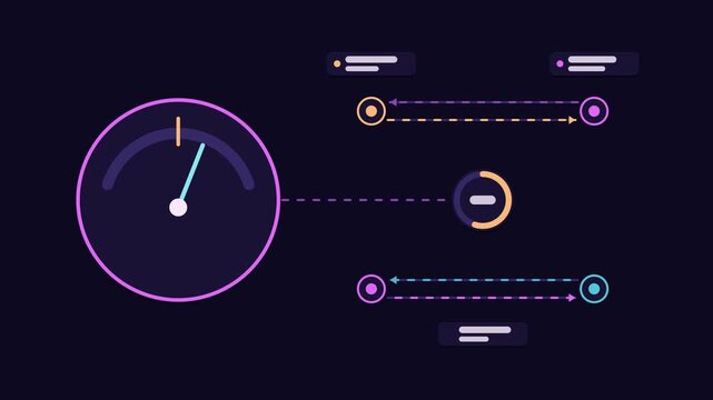 Seamless 4K looping animation explaining sensor calibration drift, with the diagram correcting readings. Flat vector shapes, glowing purple and violet connector lines and dark UI cards with blank text