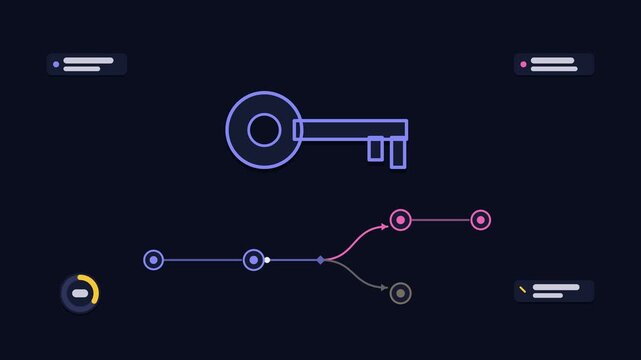 Seamless 4K looping animation explaining idempotency key dedupe, with the diagram dropping repeats. Flat vector shapes, glowing blue and azure connector lines and dark UI cards with blank text placeho