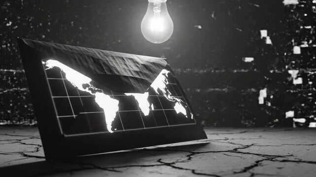 Global economic decline represented by a world map chart lit from behind a draped cloth under a lightbulb