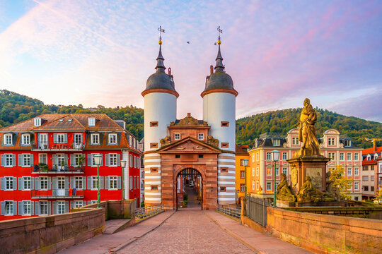 Historic Old Bridge and twin towered bridge gate in Heidelberg, Germany